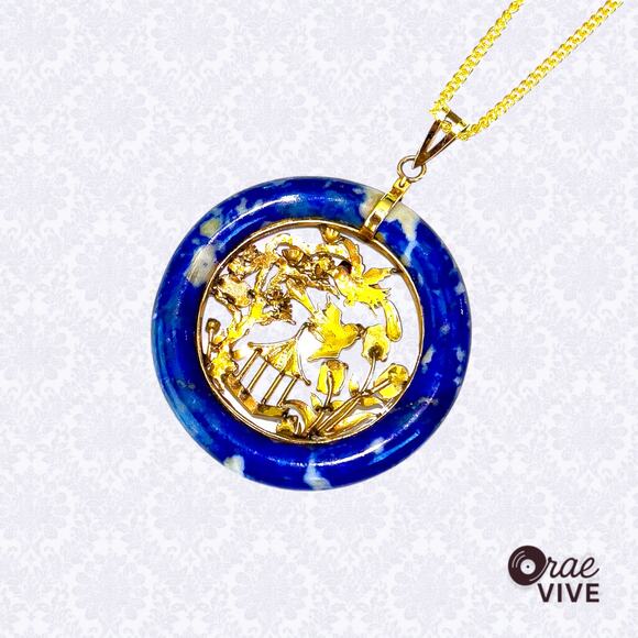 Vintage 14K Gold Oriental Blue Lapis Lazuli & Opal Pendant Necklace 20in - Picture 3 of 4